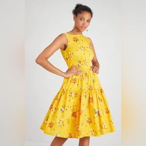 NWT kate spade yellow bouquet toss smocked-waist midi dress, women’s XS